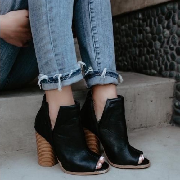 Cutout Side Peeptoe Ankle Booties Wood Stack Heel - Picture 5 of 6